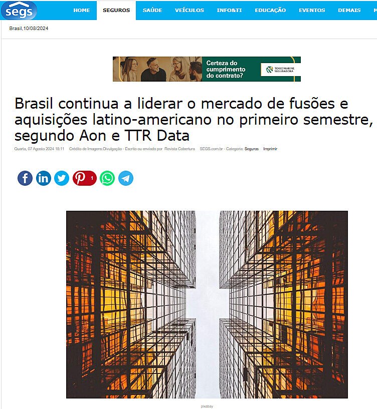 Brasil continua a liderar o mercado de fuses e aquisies latino-americano no primeiro semestre, segundo Aon e TTR Data